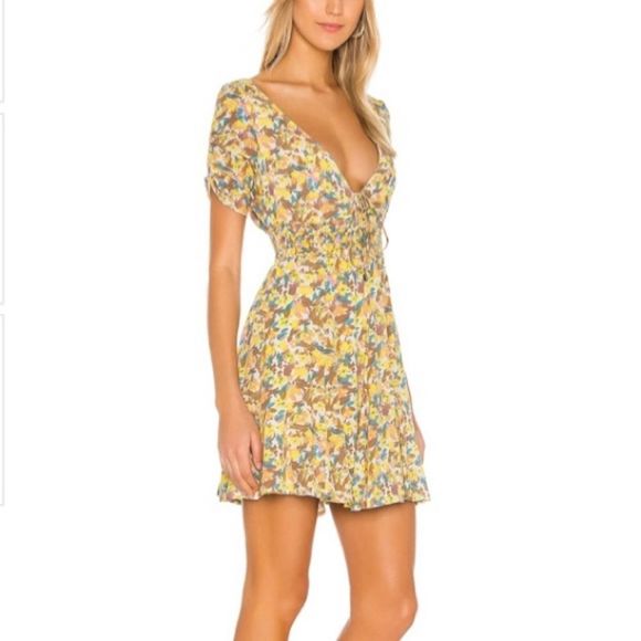FREE PEOPLE NWT Forget Me Not V Neck Floral Lined Ruched Sleeve Mini Dress 0 - Picture 1 of 12